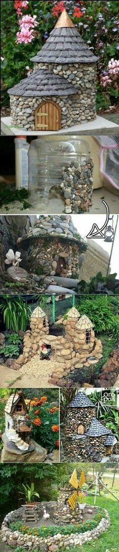 several pictures of different types of rocks and plants in the garden, including an outdoor fire pit