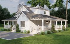 a small white house with porches on the front and back sides, surrounded by trees