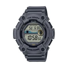 Water lovers take note! The Adult Mens Casio WS1300H-8AV is the ideal companion for anyone into marine sports. This watch has a durable grey resin exterior design, 100-meter water resistance, and 10-year battery life. Then add on-board tide graph, moon data, and LED light ensuring an easy read even in the dark, to deliver everything a water sports enthusiast needs right at your fingertips. With stopwatch, timer and alarm, these versatile timepieces take you seamlessly from home to office or offi Everyday Watch, Watch Model, Casio Watch, Digital Watch, Water Sports, Battery Life, In The Dark, Exterior Design, Time Piece