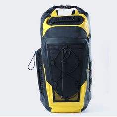 a large yellow and black backpack with straps on it's back pocket, sitting against a white background