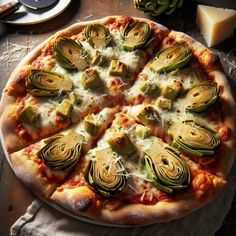 a pizza with artichokes and cheese on it