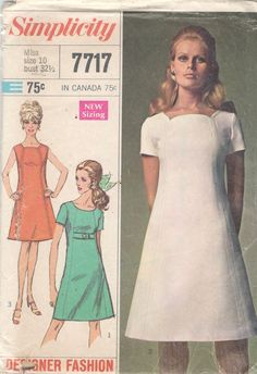 "Simplicity 7717; Misses' Dress ... Designer Fashion: The lined, collarless, A-line dress with front seam interest has lowered round neckline and back zipper. V. 1 has unlined, short, set-in sleeves and self fabric button trimmed belt stitched in side front seams above normal waistline. Top-stitched V. 2 & 3 have shaped neckline. V. 2 has unlined, short, set-in sleeves. V. 3 is sleeveless. \"Subtle shaping - closer to the body look. This princess dress is what its all about. Pretty neckline Mod Dress Pattern, Simplicity Patterns Dresses, Mode Retro, Mode Tips, 60s And 70s Fashion, Vintage Dress Patterns, Dress Designer, Vestidos Vintage, Simplicity Sewing Patterns