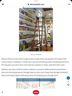 a ladder that is in the middle of a room with shelves on both sides and an open shelf above it