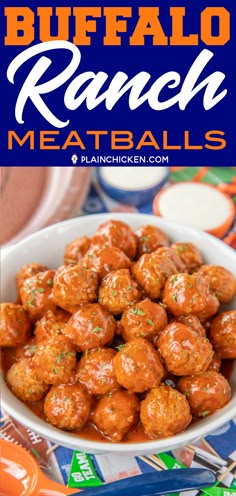 buffalo ranch meatballs in a white bowl on a blue and orange tablecloth with text overlay