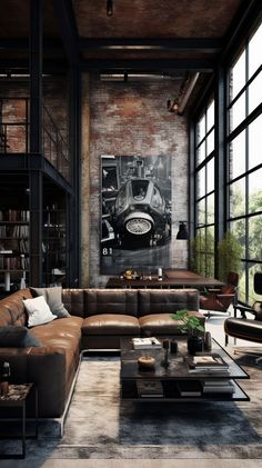 an industrial living room with leather furniture and large windows