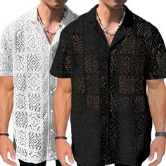 Shirt Men Shirt Transparent Shirt Button Lace Lapel Party Short Sleeve DESCRIPTION Details: *Tag Size:S-2XL,Please make sure that these actual measurements will fit you. Size Chart (1 inch=2.54cm) Tag Size S M L XL 2XL Length (cm) 73 74 75 76 77 Length (inch) 28.7 29.1 29.5 29.9 30.3 Bust (cm) 110 115 120 125 130 Bust (inch) 43.3 45.3 47.2 49.2 51.2 Shoulder (cm) 46 47.5 49 50.5 52 Shoulder (inch) 18.1 18.7 19.3 19.9 20.5 Sleeve (cm) 24 25 26 27 28 Sleeve (inch) 9.4 9.8 10.2 10.6 11.0 Measured b Lace Shirt For Men, Mens Lace Shirt, Lace Shirt Men, Streetwear For Men, Streetwear Tops, Lace Shirt, Party Tops, Casual Button Down Shirts, Mens Clothing Styles