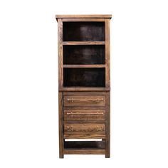 an old wooden bookcase with drawers on the front and bottom shelves, against a white background