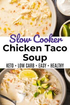 slow cooker chicken taco soup in two bowls