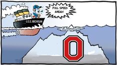 a cartoon depicting an ocean with a boat in the water and a red o on it's side