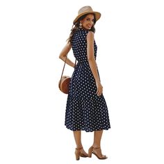 Navy Blue Polka Dot Sleeveless Casual Dress Casual Polka Dot Sleeveless Midi Dress, Women Dresses Casual, Casual Dress Women, Dot Print Dress, Dress Pleated, Boho Summer Dresses, Boho Dresses, Summer Boho, Dresses Elegant