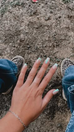 Nails 2023 Trends Country, Short Teal French Tip Acrylic Nails, Square Country Nails, Koe Wetzel Concert Nails, Western Nail Ideas Turquoise, Teal And White Nail Designs, Cute Western Nails Short, Country French Tip Nails, Summer Back To School Nails