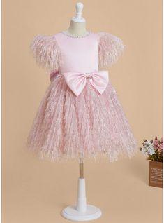 JJ's House Faux Feather Bow Satin Scoop Daily Party Flower Girl Dress Fall Spring Summer A-line Back Zip Other Colors Knee-Length Pink Short Sleeve Flower Girl Dress. #JJ's House #FauxFeather #Bow #Satin #Scoop #Daily #Party #FlowerGirlDress #Fall #Spring #Summer #Aline #BackZip #OtherColors #KneeLength #Pink #ShortSleeve #FlowerGirlDress Pink Princess Dress For Winter Party, Pink Princess Dress For Winter, Pink Short Sleeve Winter Dresses, Girls Fall Dresses, Satin Flower Girl Dress, Enchanted Fairy, Enchanted Fairies, Feather Flower, Knee Length Shorts