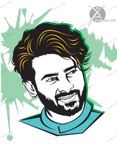 a drawing of a man with beard and blue shirt on, in front of green paint splatters