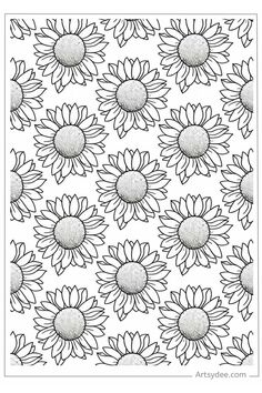 Pattern of outlined sunflowers on a white background.