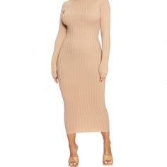 Nwt Size Small. Nude Midi Dress, High Neck W/Long Fitted Sleeves, Ribbed-Knitted Fabric Throughout. Has A Sweet Stretch And Conforms So Beautifully To Your Body. Comfy And Extra Cute. 70% Rayon 30% Nylon. Nude Midi Dress, Tan Midi Dress, Curve Hugging Dress, Brown Midi Dress, Strapless Tube Dress, Rouched Dress, Asymmetrical Midi Dress, Dress High Neck, Midi Tank Dress