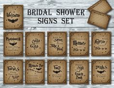 the wedding shower signs set is shown in black and white, with brown paper cut outs