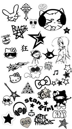 various black and white images with different designs on them, including stars, letters, and symbols