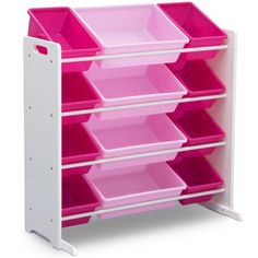 a pink and white toy storage unit with six bins on the bottom, one is empty