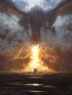 an image of a dragon in the sky with fire coming out of it's mouth