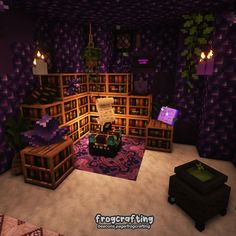 a living room filled with lots of furniture and bookshelves in purple hues