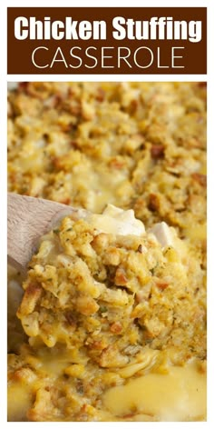 chicken stuffing casserole in a white dish with a wooden spoon and title overlay