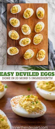 deviled eggs on a cutting board with text overlay