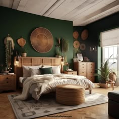 a bedroom with green walls and wooden furniture in the corner, including a large bed surrounded by wicker baskets