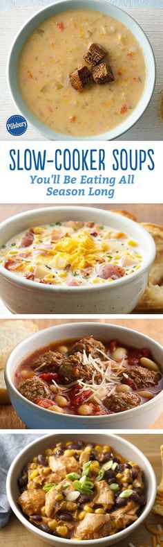 four different types of slow cooker soups in bowls