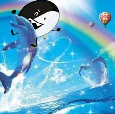 a dolphin is jumping in the air with balloons and rainbows behind it, as well as an image of a penguin