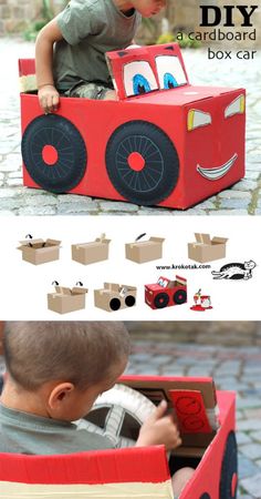 there is a cardboard box that has wheels on it and an image of a boy playing with