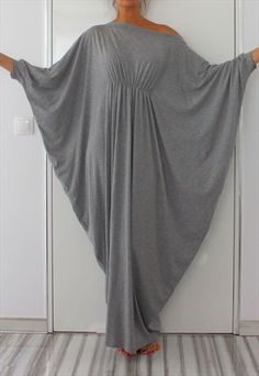 GREY MAXI ABAYA DRESS / SOFT ELASTIC COTTON SPRING DRESS Sukienki Maksi, Butterfly Sleeve Dress, Bohemian Maxi Dress