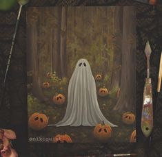 a painting of a ghost in the woods surrounded by pumpkins and other halloween decorations