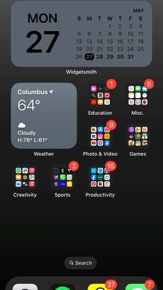 an iphone screen showing the time and calendars for each month, with different icons on it