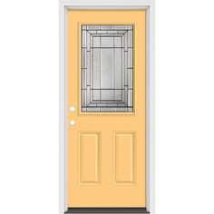 a yellow door with a glass window on it