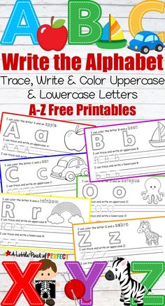 the alphabet worksheet for children to learn how to write and color letters with pictures