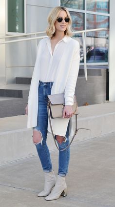 How to Wear Ankle Boots with Jeans - The Dos & Don'ts - Straight A Style Shrug Outfit Winter, Cream Cardigan Outfit Fall, White Shrug Outfit, White Cardigan Outfit Fall, Cream Cardigan Outfit, Cardigan Outfit Fall, White Cardigan Outfit, Cardigan With Jeans