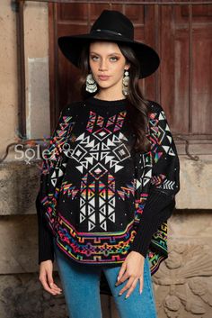 This gorgeous Mexican Artisanal Poncho is perfect for the cold months ahead! The multicolor Fair Isle design adds that perfect pop of color and style to your wardrobe. This poncho is knit, has open sides and it comes in one size so anyone ranging from size Small to 2x will be able to wear it. Note: -The Mexican Hat, Filigree Earrings and Boots are available to buy as well. Filigree Earrings: https://www.etsy.com/es/listing/702840317/filigrana-de-plata-filigrana-clasica?ref=listings_manager_grid Casual Oversized Multicolor Poncho, Casual Multicolor Fall Poncho, Multicolor Casual Shawl Poncho, Black Bohemian Poncho With Batwing Sleeves, Casual Multicolor Shawl Poncho, Casual Multicolor Poncho For Winter, Casual Multicolor Shawl Cape, Multicolor Long Sleeve Cape For Fall, Multicolor Acrylic Outerwear For Winter