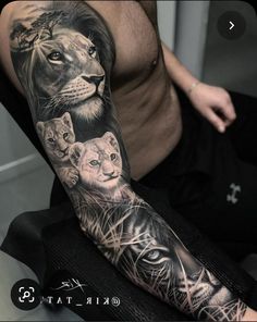 a man's arm with an animal tattoo on it and two lions in the background