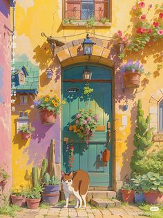 a painting of a dog standing in front of a blue door with potted plants