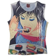 Eating Sushi, Girl Eating, Y2k Girl, Graphic Print Top, Retro Tops, Tanktop Girl, Tank Girl, Alternative Outfits