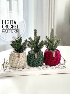 three crocheted potted plants sitting on top of a white tray with the words digital crochet pattern