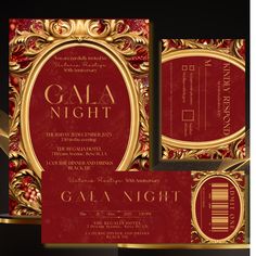 a red and gold wedding card with the word gala night written in gold on it