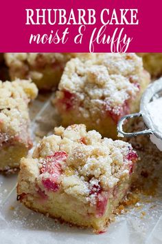 Rhubarb cake bars with streusel and powdered sugar. Rhubarb Ricotta Cake, French Rhubarb Cake, Rhubarb Streusel Cake, Quick Rhubarb Cake, Rhubarb Yogurt Cake, Apple Rhubarb Cake Recipes, German Rhubarb Streusel Cake, Rhubarb Cake With Heavy Whipping Cream, Moist Rhubarb Cake