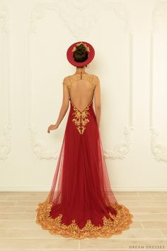 Our stylish and chic Nelly burgundy red ao dai with gold lace will certainly make a grand entrance on your big day. We love how enchanting the gold lace detailings look paired with a deep, burgundy color; truly romantic! A gorgeous illusion neckline and small cap sleeves add a modern twist to this traditional, classic ensemble. Feel unique and bold adorned in Nelly! Detail: Burgundy red Vietnamese Ao Dai Collar: 1.2''/3cm Illusion neckline Small cap sleeves Keyhole back Chiffon pants Sweep train Vietnamese Wedding Ao Dai, Bridal Ao Dai, Red Ao Dai, Vietnamese Clothing, Fox Wedding, Vietnamese Wedding, Chiffon Pants