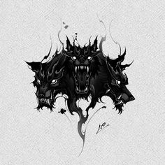 a black and white drawing of two demon heads