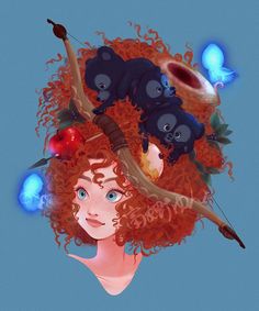 a painting of a woman with red hair and blue eyes, surrounded by other animals