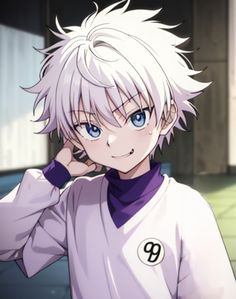 an anime character with white hair and blue eyes is posing for the camera, wearing a purple shirt