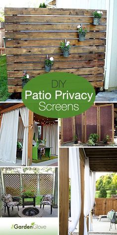 an outdoor privacy screen made out of pallets and wooden planks with text overlay that reads diy patio privacy screens