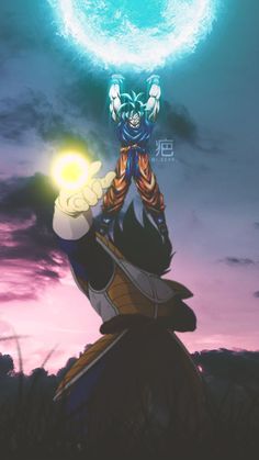 an anime character holding a glowing ball above his head in front of a purple and blue sky