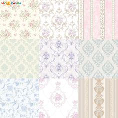 four different colored wallpapers with flowers and stripes on the bottom one is pink, white